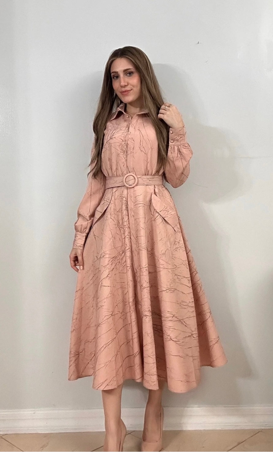 Blush Elegant Dress with Hidden Buttons and Belt