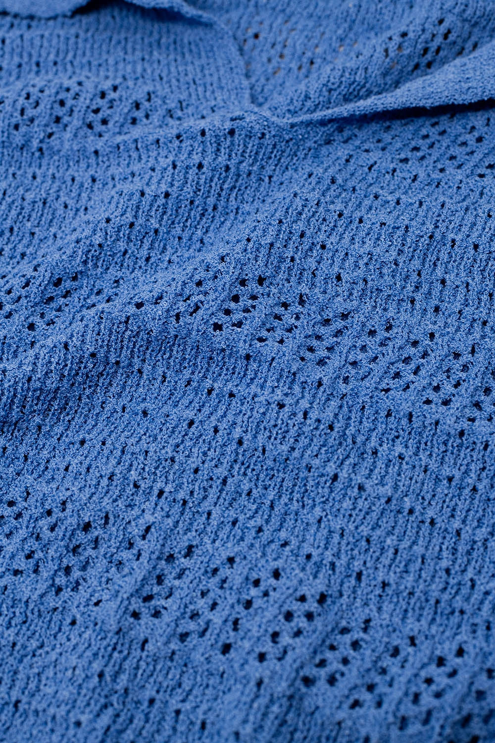 Crochet Knitted Jumper in V-Neck With Polo Collar in Blue