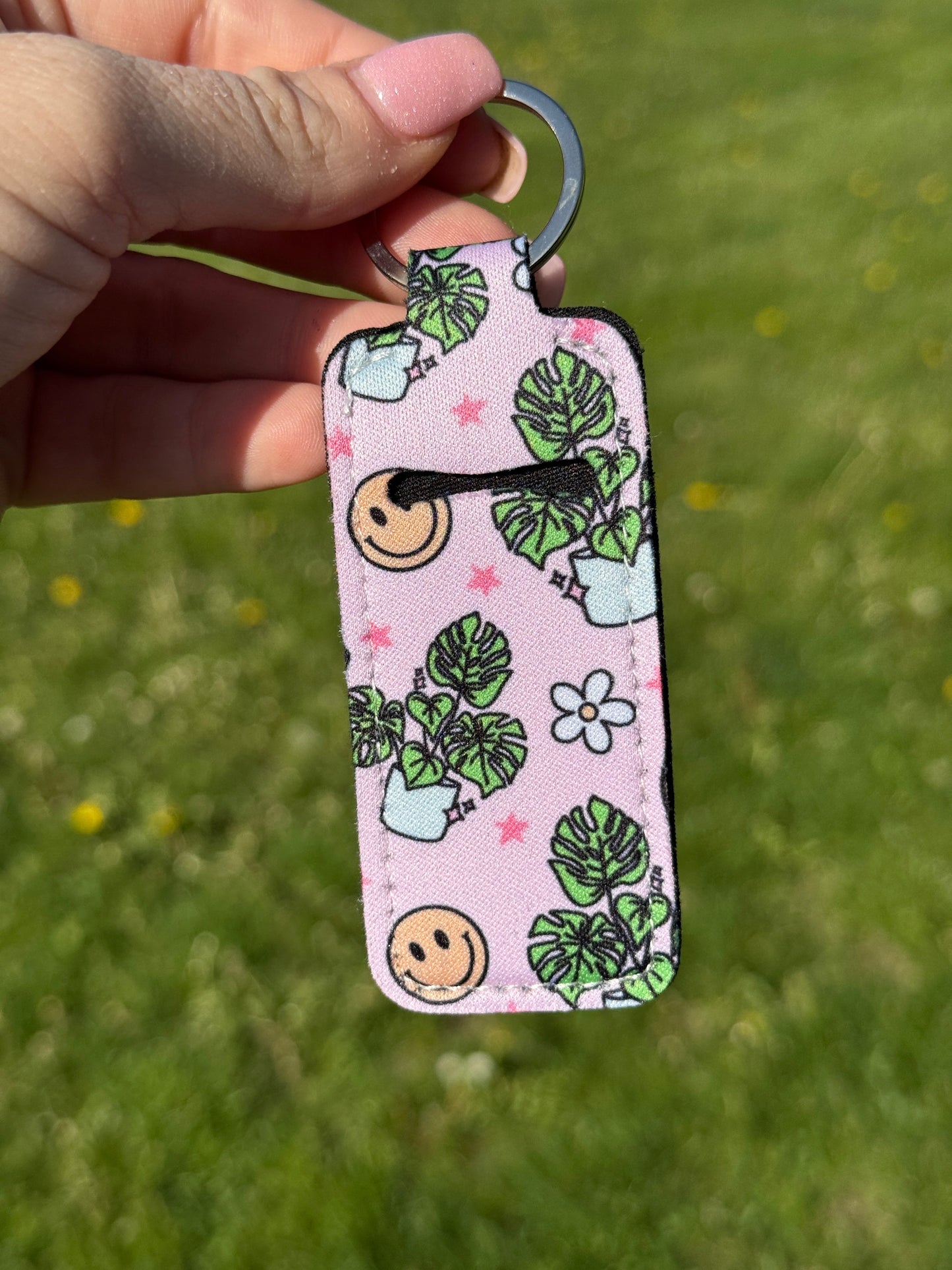 Smiley Monstera Chapstick Keychain Pink Holder