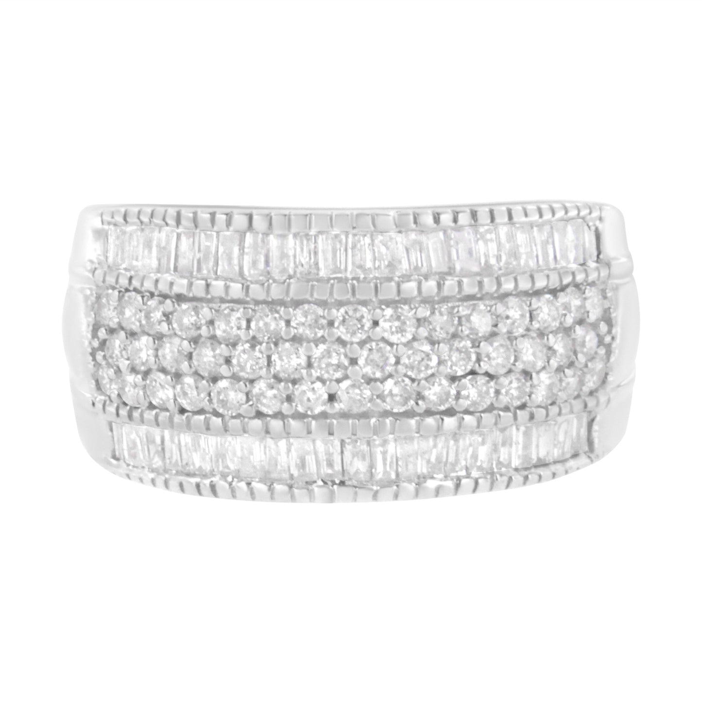 .925 Sterling Silver 1Cttw Multi-Row Round And Baguette-Cut Diamond Modern Band Ring (I2-I3 Clarity, H-I Color) - Size 6