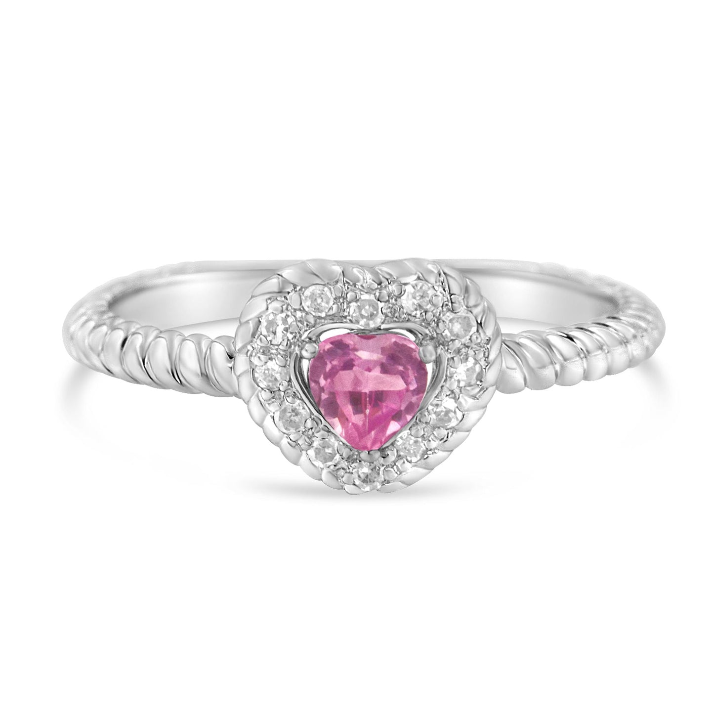 .925 Sterling Silver 4mm Pink Sapphire Heart Diamond Accent Ring