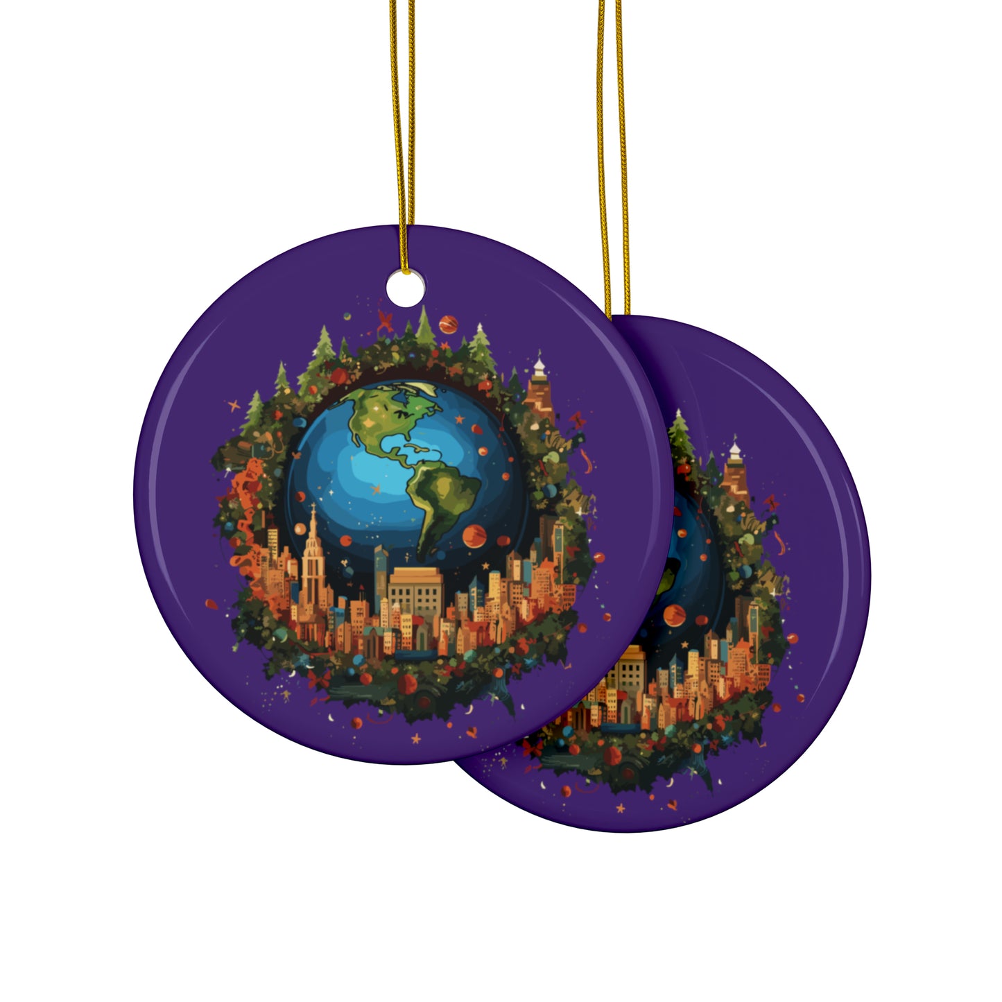 Earth in Christmas decorations and a big Christmas tree, Purple Ceramic Ornaments (1pc, 3pcs, 5pcs, 10pcs)