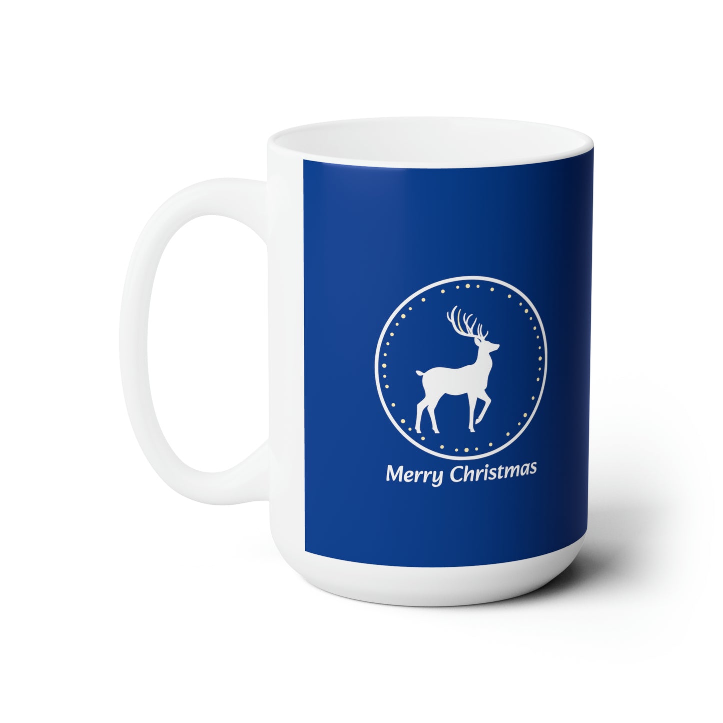 White reindeer in circle design, blue Christmas Ceramic Mug 15oz