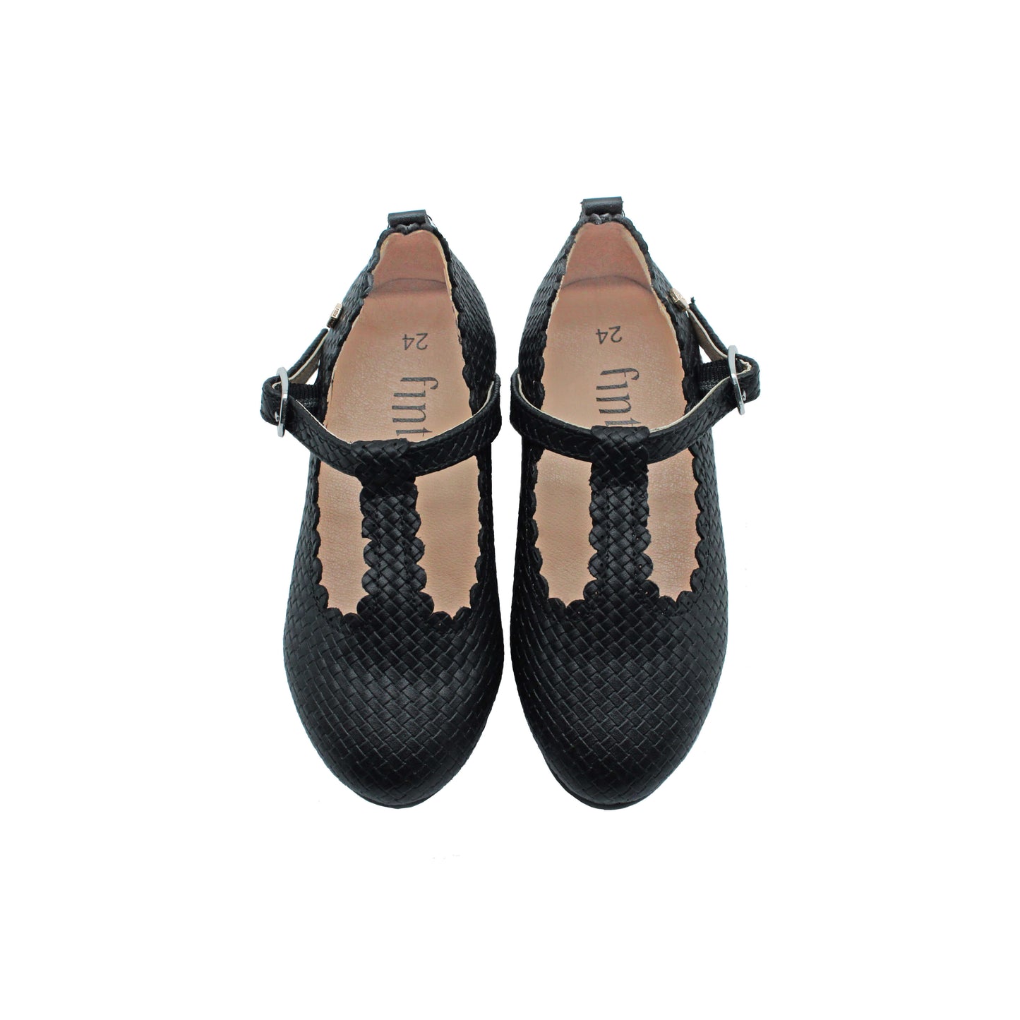 Black Weaved Leather T Strap Girls Dress Shoe Fintoes