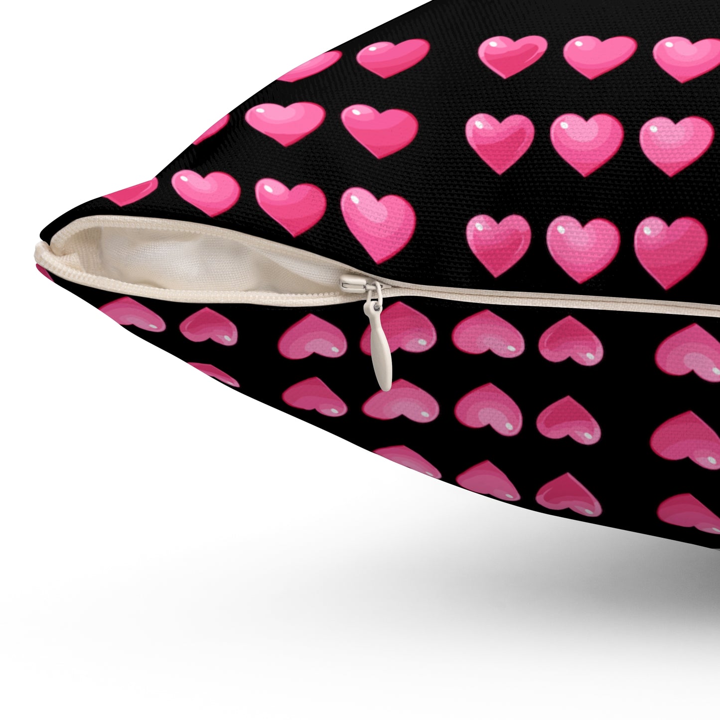 Valentine's day best home decor pink hearts design on black Spun Polyester Square Pillow