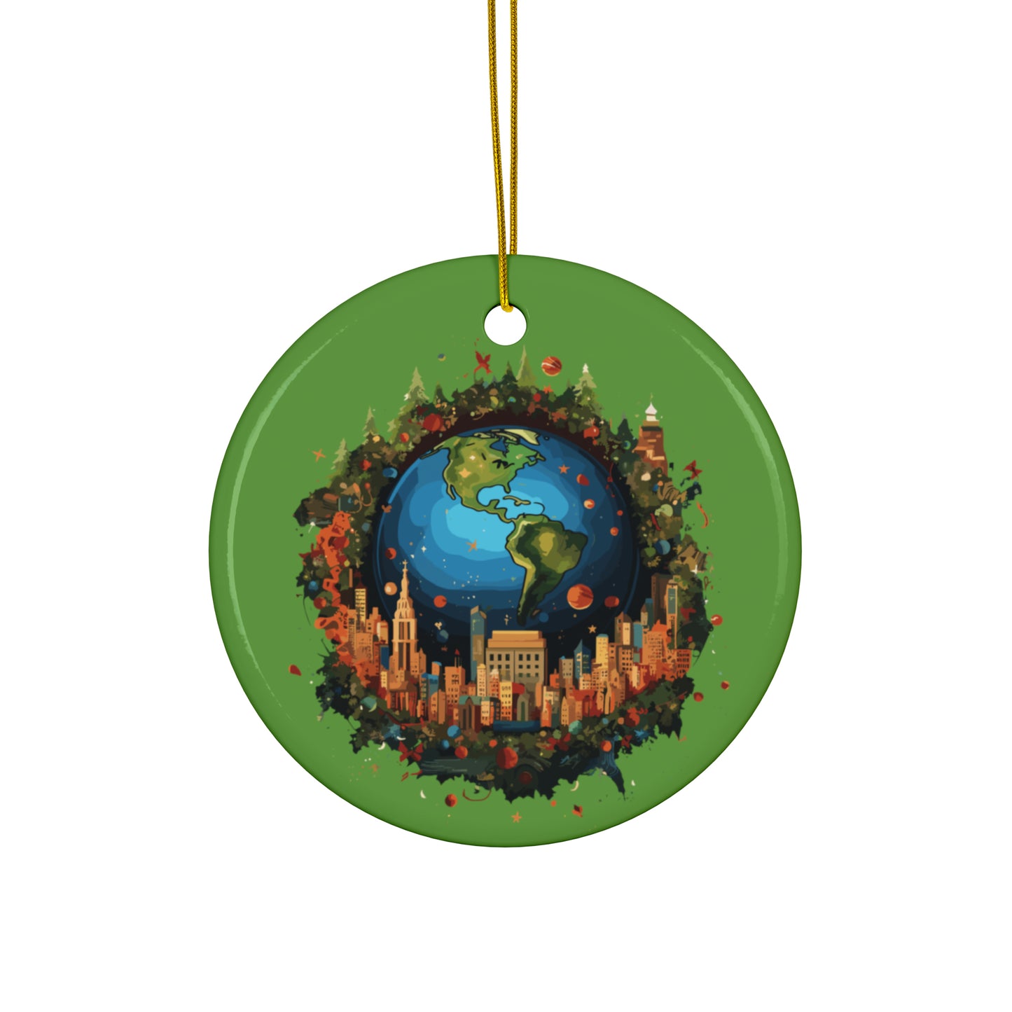 Earth in Christmas decorations and a big Christmas tree, green Ceramic Ornaments (1pc, 3pcs, 5pcs, 10pcs)