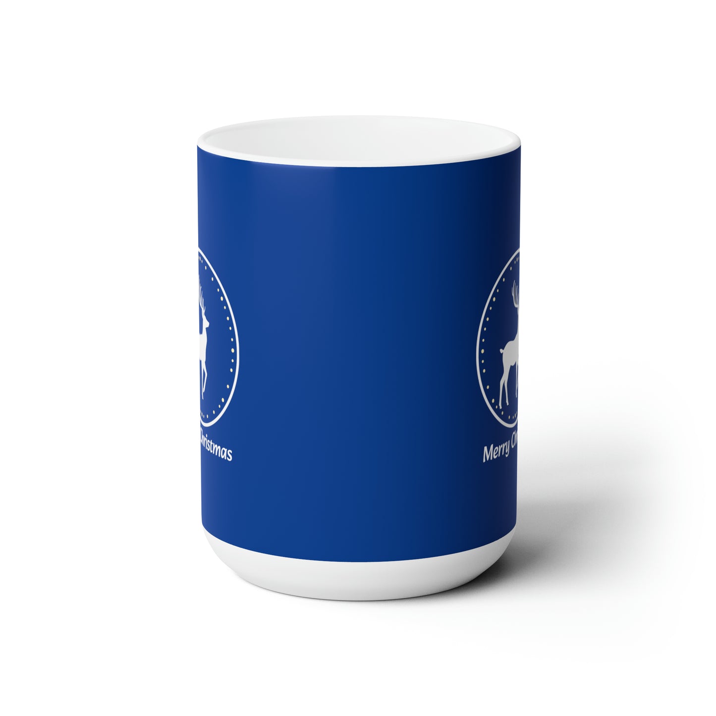 White reindeer in circle design, blue Christmas Ceramic Mug 15oz