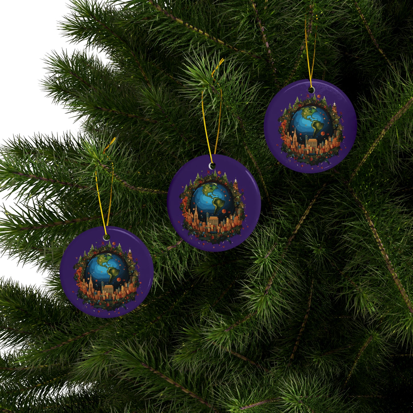 Earth in Christmas decorations and a big Christmas tree, Purple Ceramic Ornaments (1pc, 3pcs, 5pcs, 10pcs)