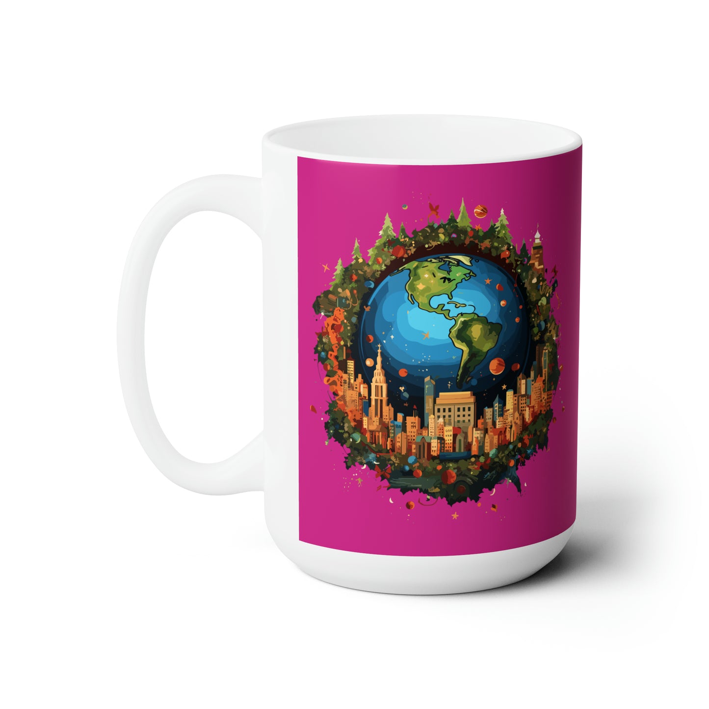 Earth in Christmas decorations and a big Christmas tree, Pink Ceramic Mug 15oz