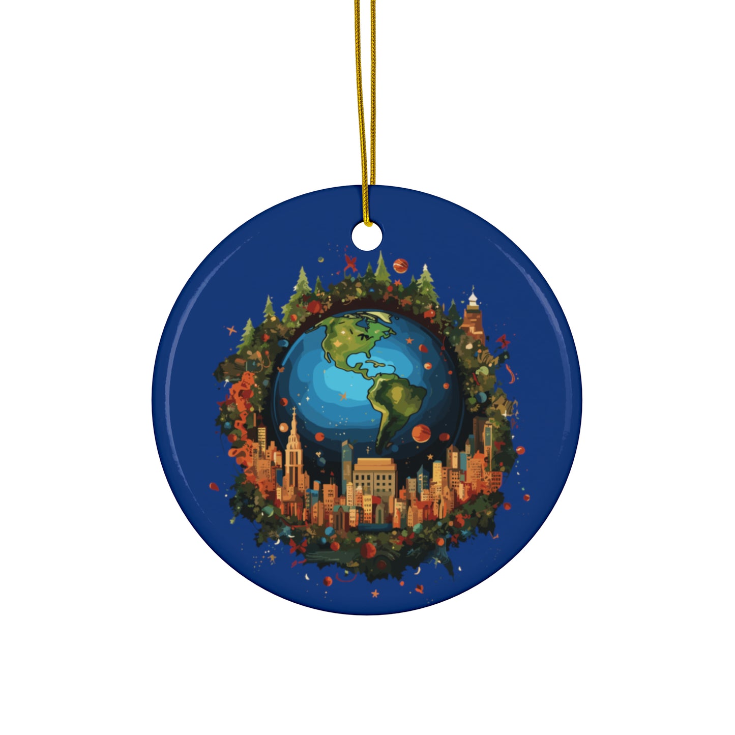 Earth in Christmas decorations and a big Christmas tree, dark blue Ceramic Ornaments (1pc, 3pcs, 5pcs, 10pcs)