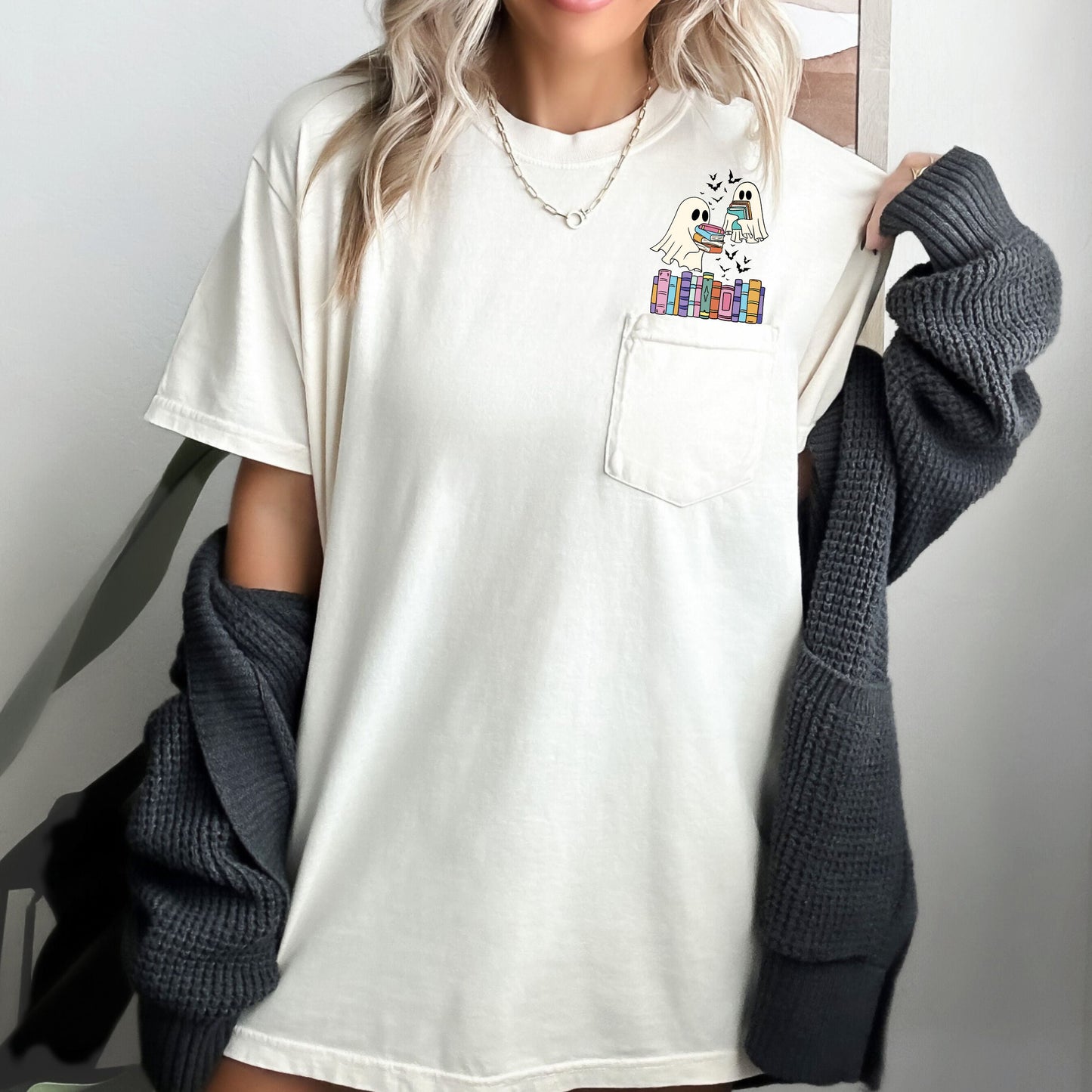 Cute Book Lover Ghosts Pocket T-Shirt Comfort Colors Pocket T-Shirt