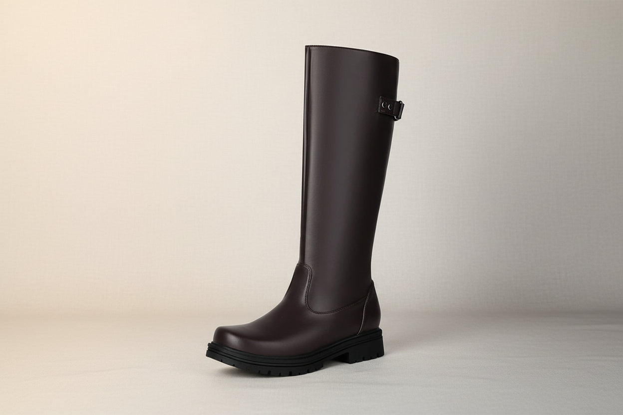 Retro British-Style Leather Belt Buckle Knee Riding Boots for Women