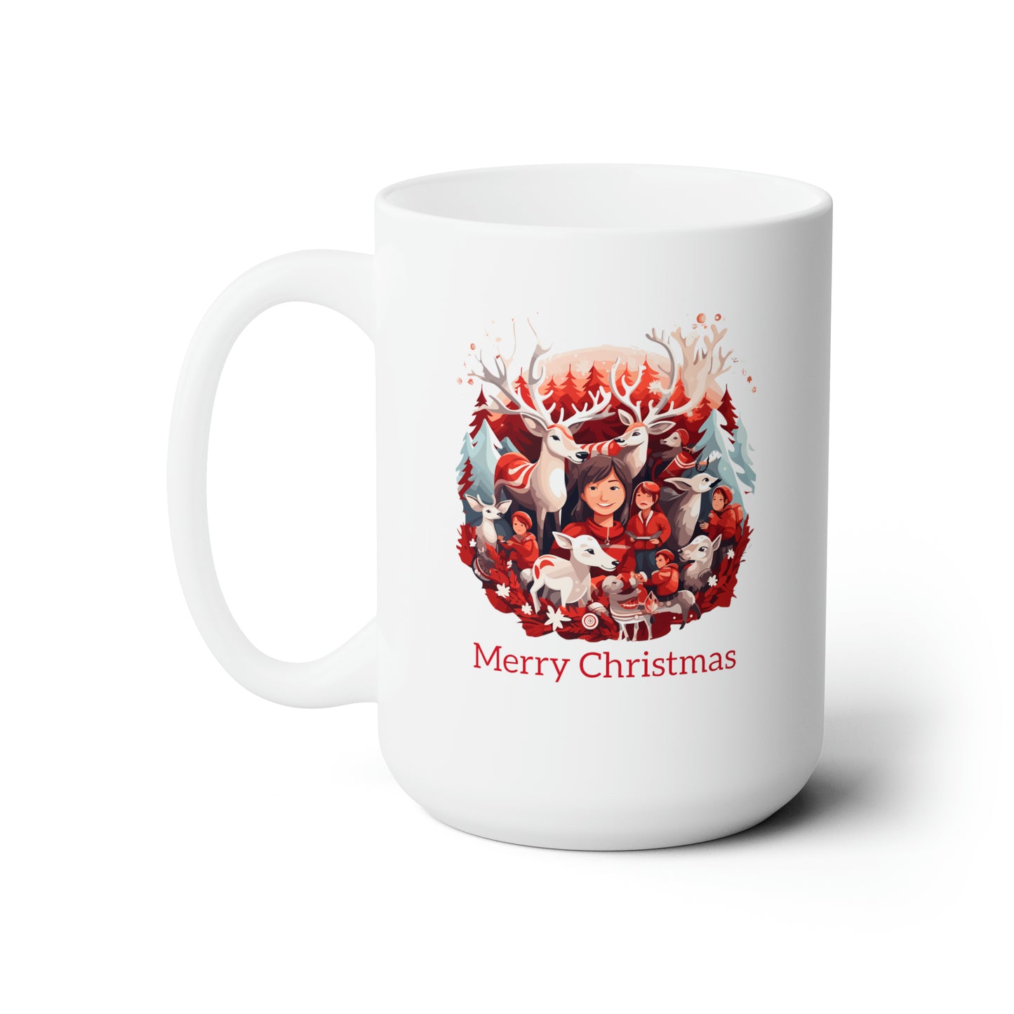Happy kids with red and white reindeer in Christmas mood Ceramic Mug 15oz