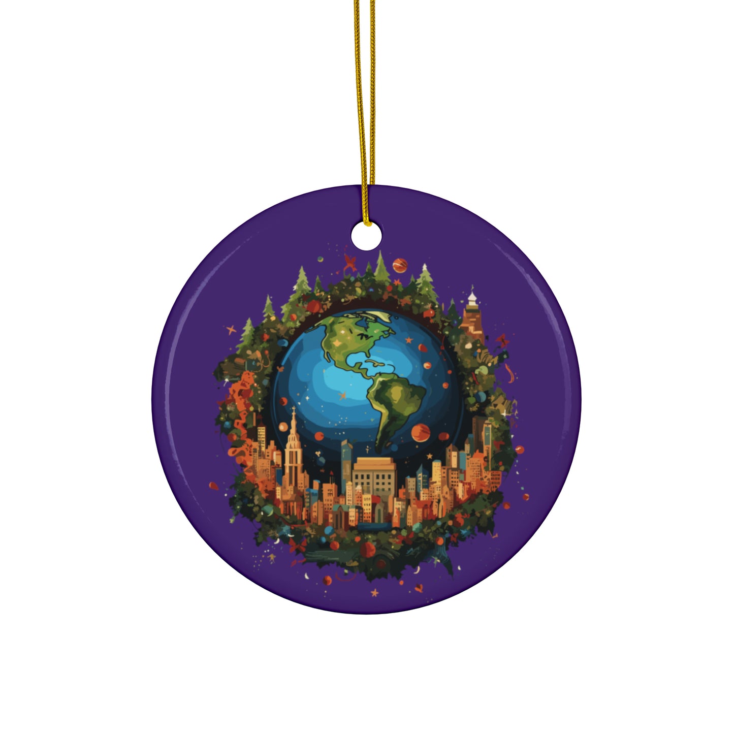 Earth in Christmas decorations and a big Christmas tree, Purple Ceramic Ornaments (1pc, 3pcs, 5pcs, 10pcs)
