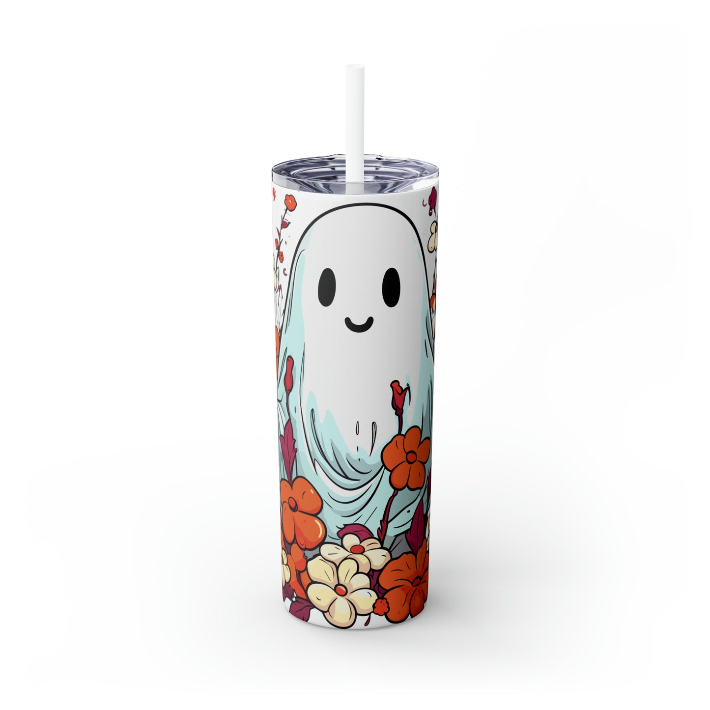 Halloween Skinny Tumbler with Straw 20oz - Spooky Drinkware - Ghost Theme - BPA-Free, Reusable Cup, Halloween Tumbler, Halloween Gift