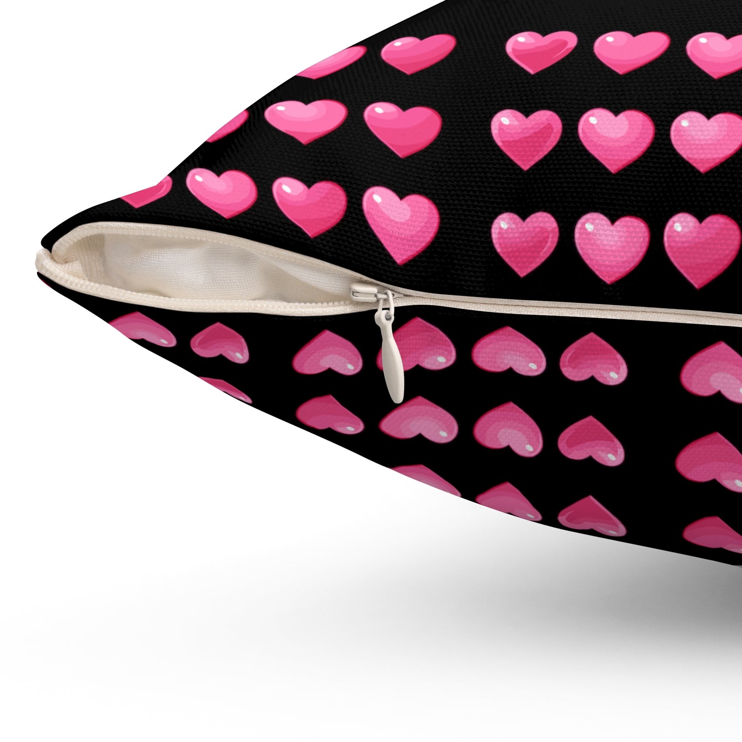 Valentine's day best home decor pink hearts design on black Spun Polyester Square Pillow