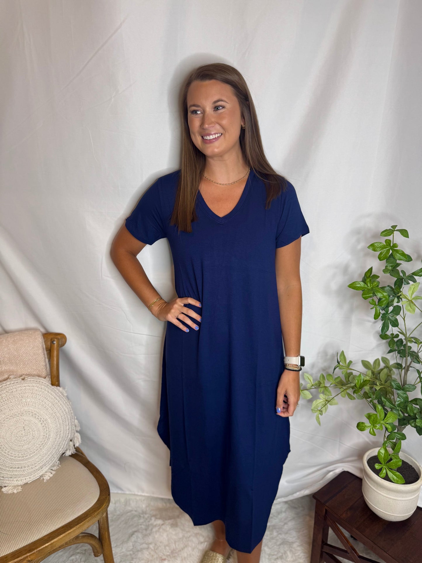 V-Neck Short Sleeve Midi Dress Flattering Fit Dress