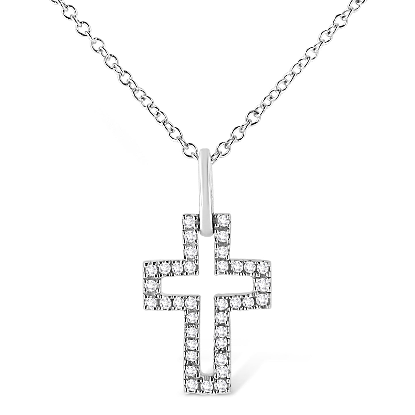.925 Sterling Silver 1/10 Cttw Pave-Set Round-Cut Diamond Open Cross 18" Pendant Necklace (I-J Color, I1-2 Clarity)
