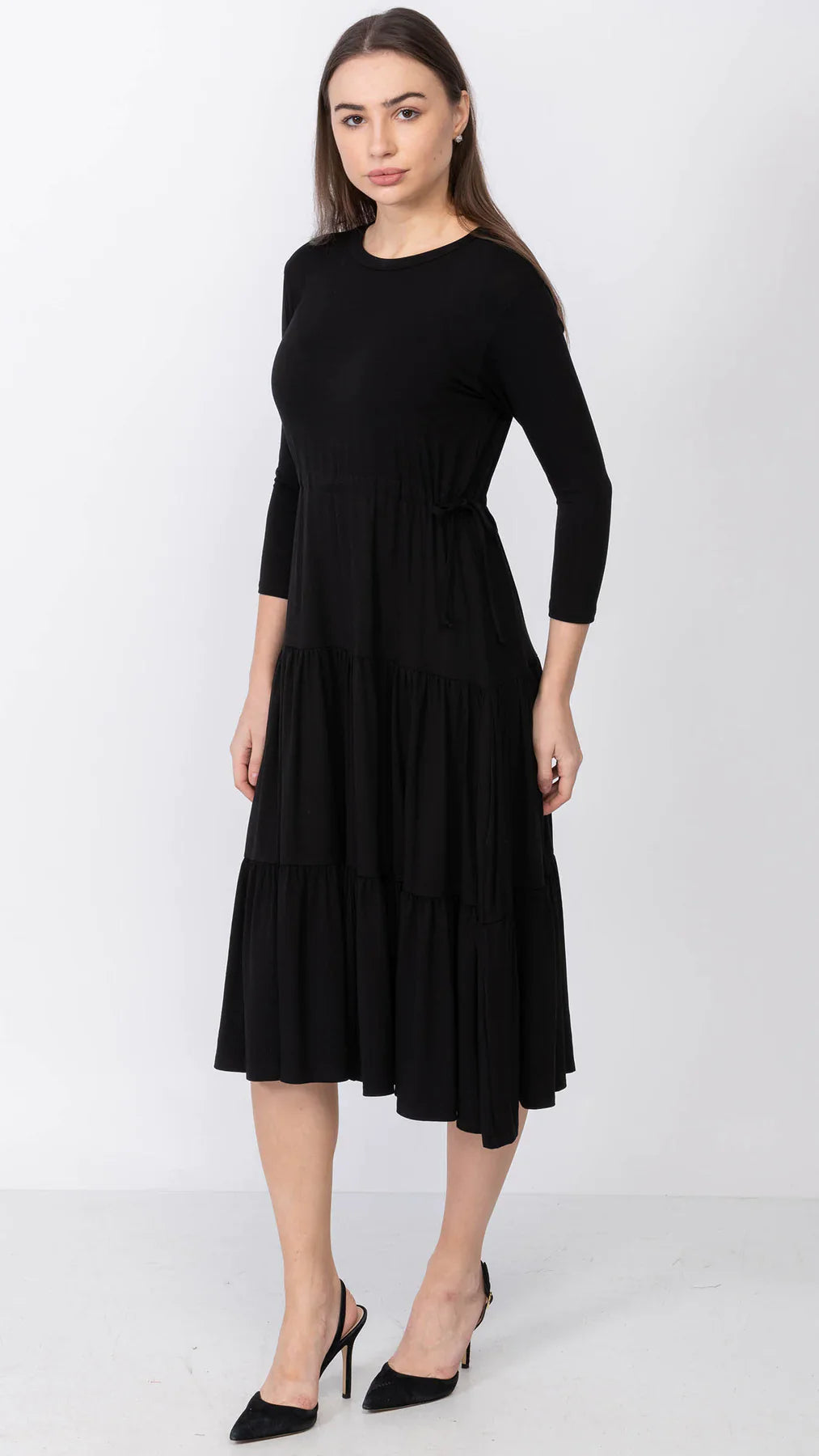 Tiered Drawstring Adjustable Dress Black Bamboo Rayon Spandex