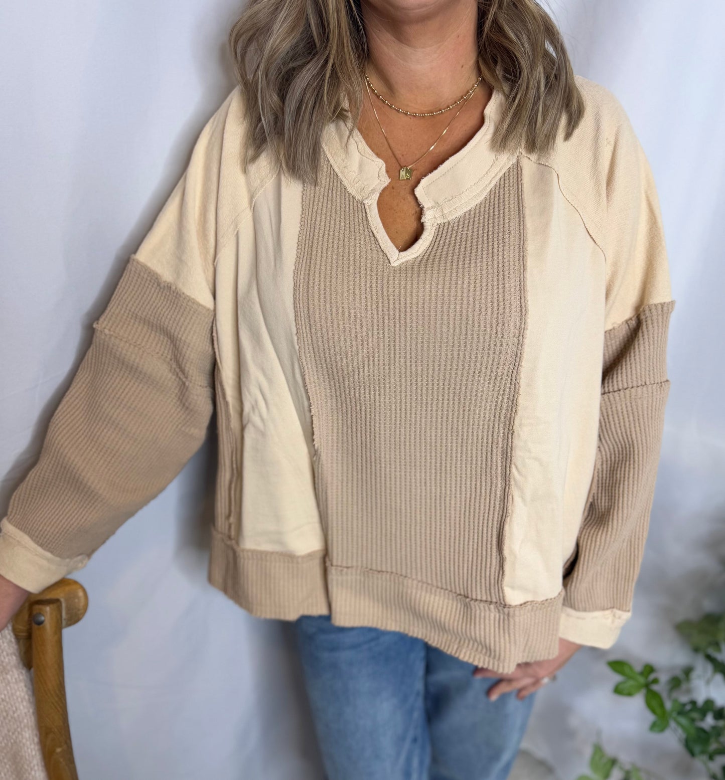 Hazel Ivory Beige Color Block Waffle Knit Pullover Sweater