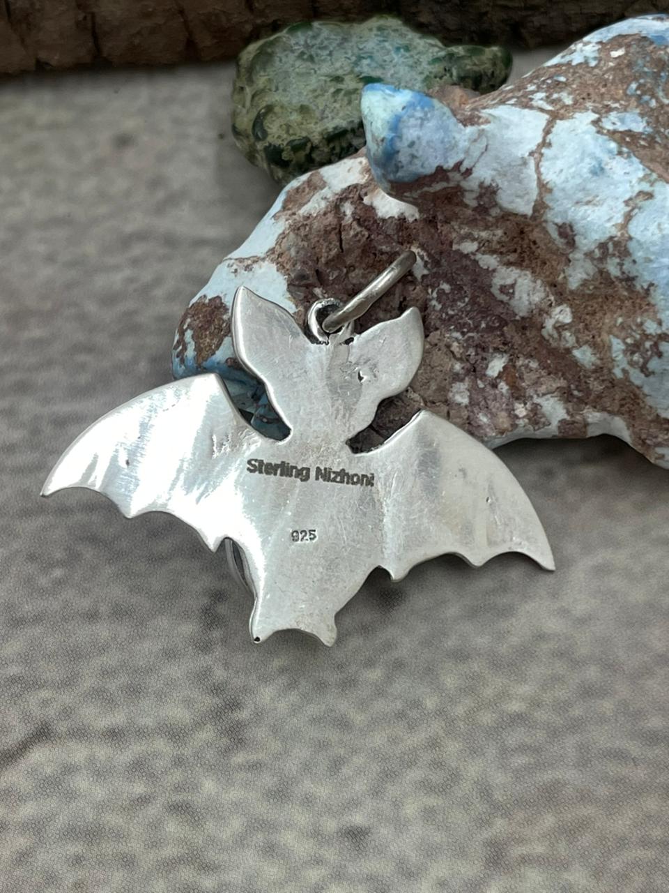 "Halloween Collection" Handmade Sterling Silver Black Onyx Bat Pendant with Signed Nizhoni