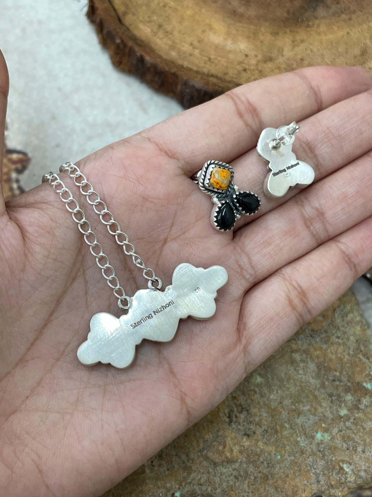 "Halloween Collection" Handmade Sterling Silver Black Onyx, Bumblebee Necklace with Signed Nizhoni