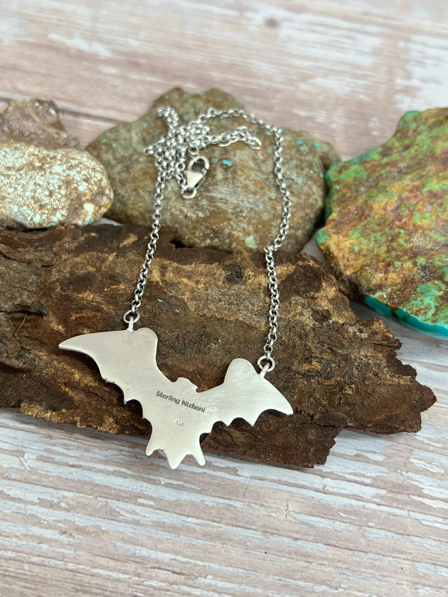 "Halloween Collection" Handmade Sterling Silver Black Onyx Bat Necklace with Signed Nizhoni