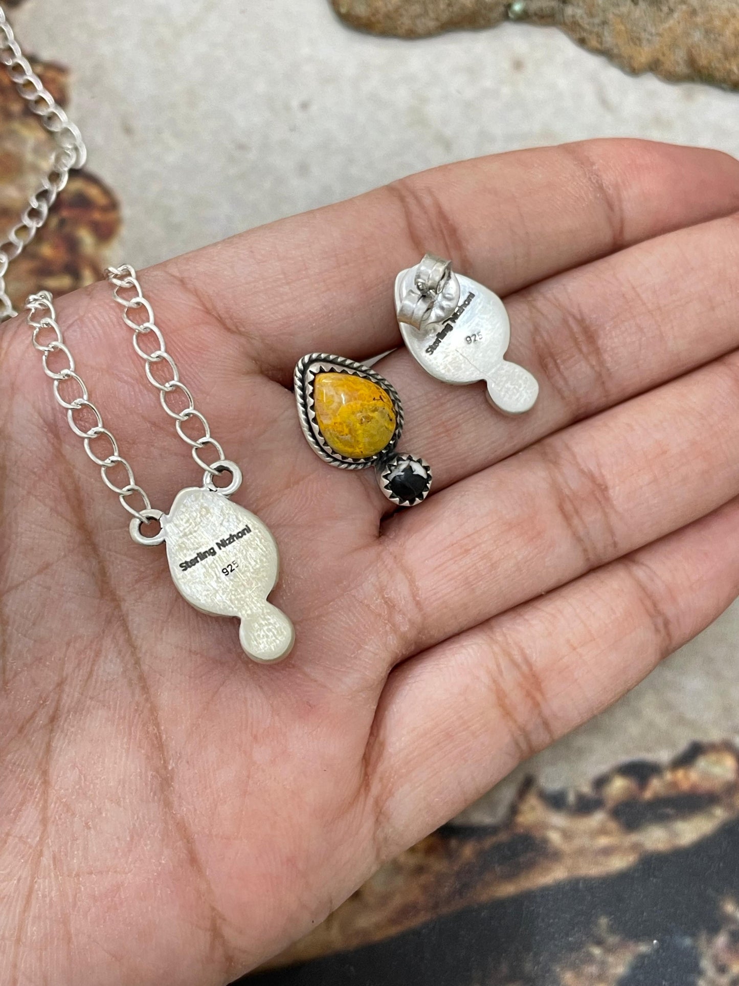 "Halloween Collection" Handmade Sterling Silver Black Onyx, Bumblebee Necklace Earring Set, Signed Nizhoni