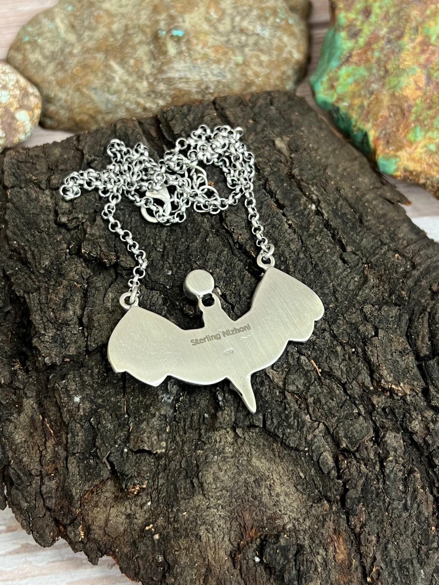"Halloween Collection" Handmade Sterling Silver Black Onyx Bat Necklace with Signed Nizhoni