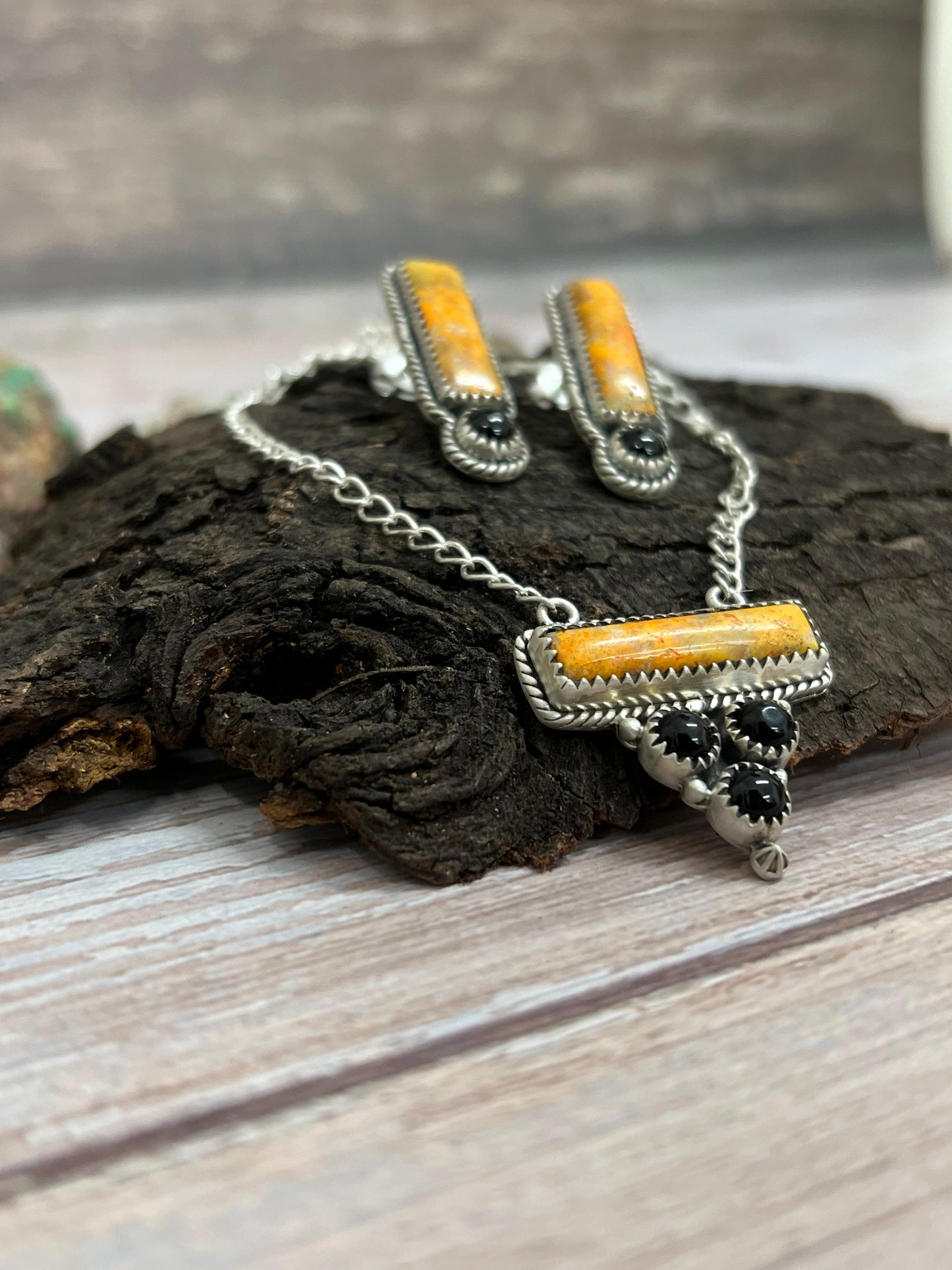 "Halloween Collection" Handmade Sterling Silver Black Onyx, Bumblebee Necklace with Signed Nizhoni