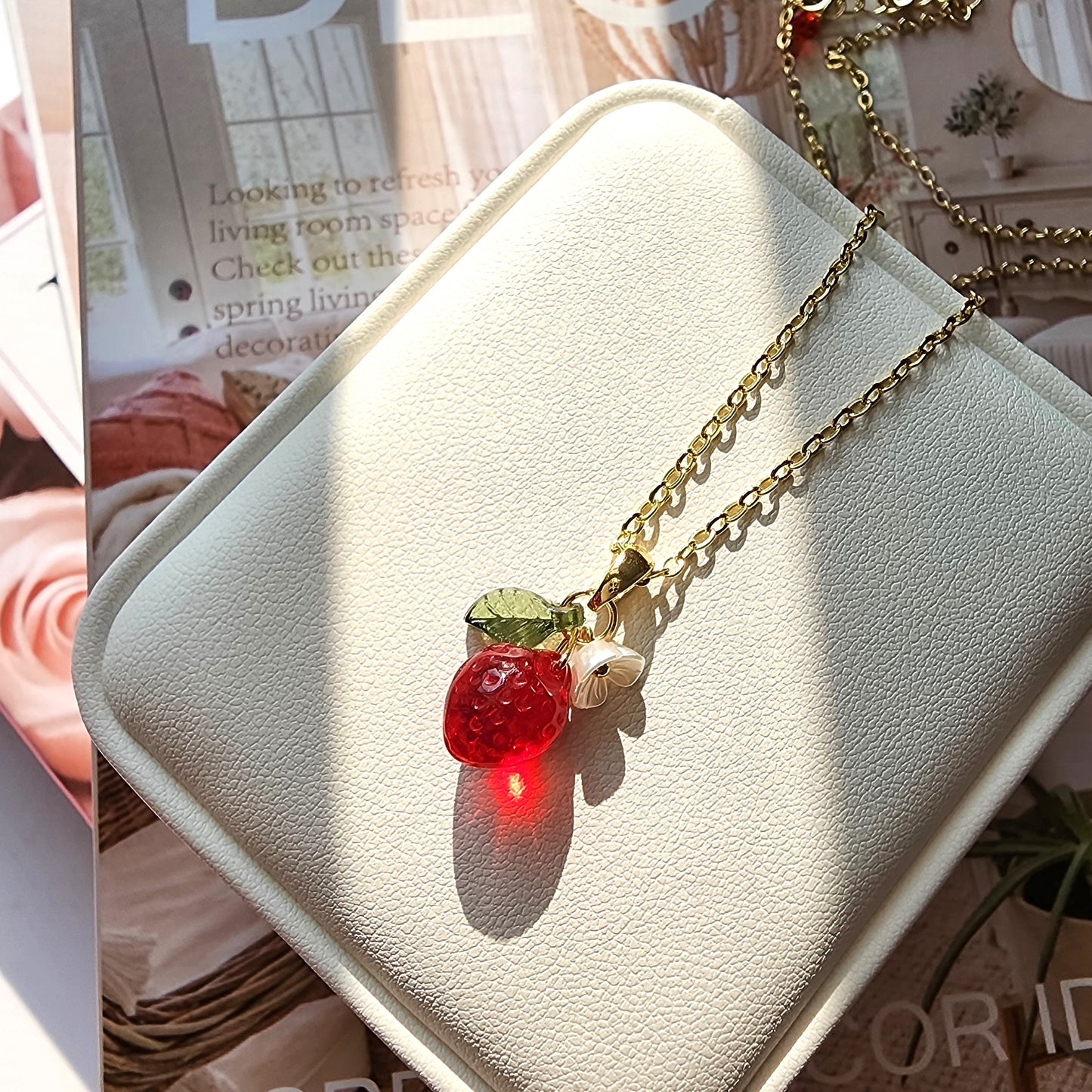 Mini Strawberry Fruit Necklace Handmade with Czech Glass and Gold or Silver Plated Chain