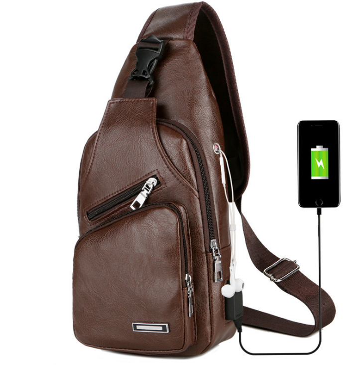 USB Portable Charging Chest Bag Messenger Bag PU Leather