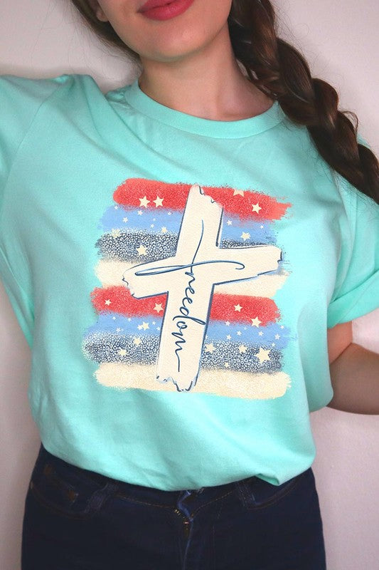 Freedom Cross 4th of July Graphic Unisex Crew Neck T Shirts