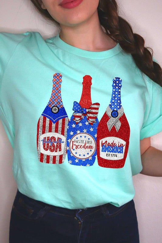 Faux Glitter Patriotic Sparkly Champagne Graphic T Shirts Unisex