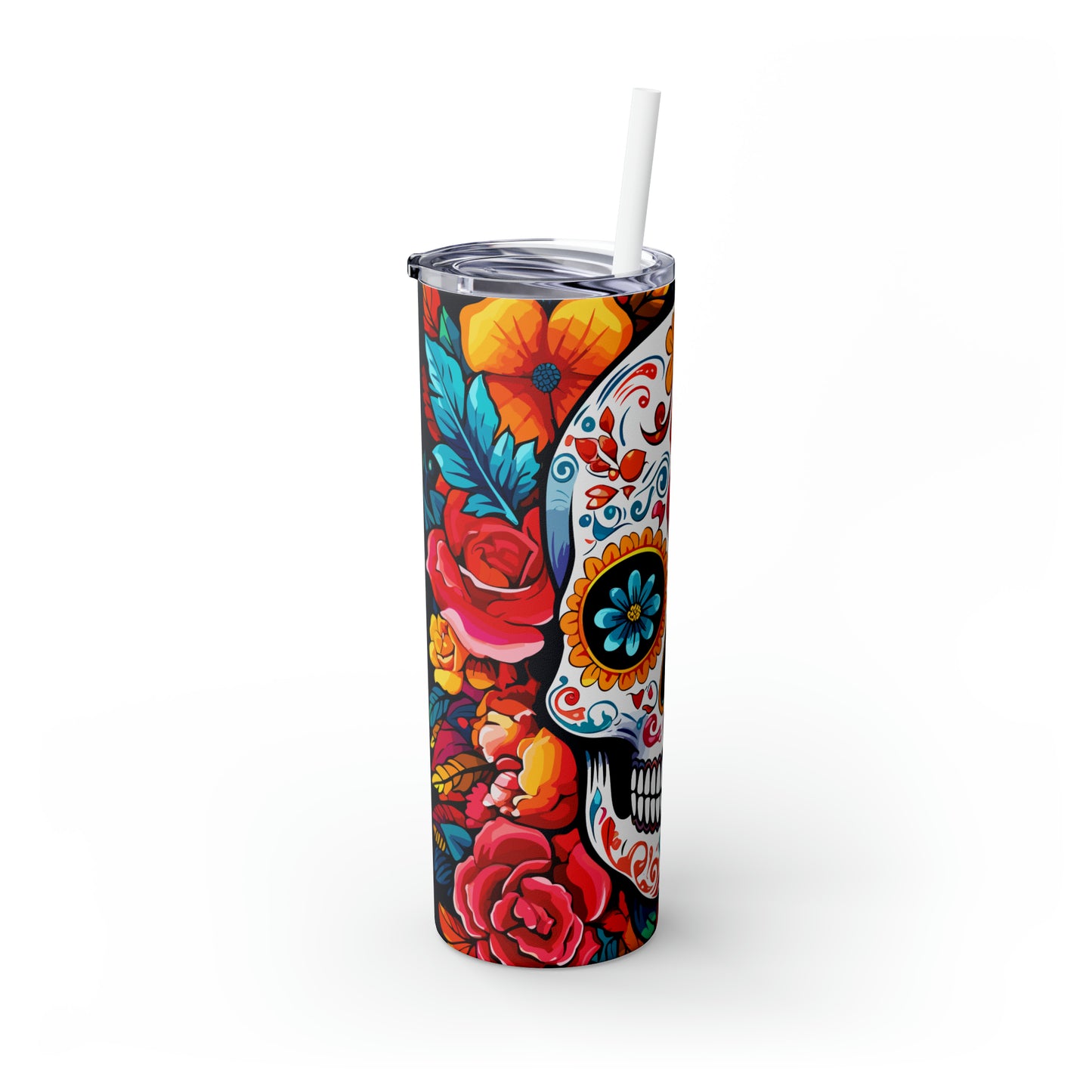 Halloween Skinny Tumbler with Straw 20oz - Spooky Drinkware - Skull Theme - BPA-Free, Reusable Cup, Halloween Tumbler, Halloween Gift