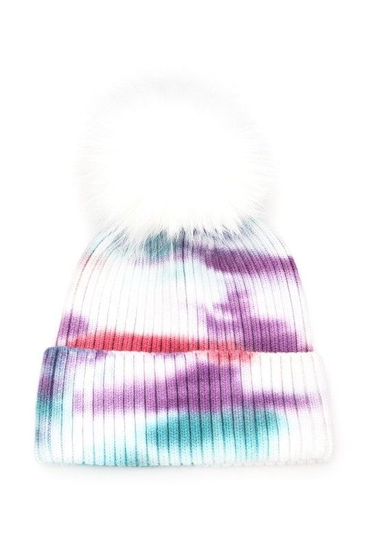 Fur Pom Tie Dyed Cotton Blend Large Beanie
