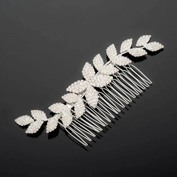 Rhinestone Silver Leaf Hair Deco Comb Opulent