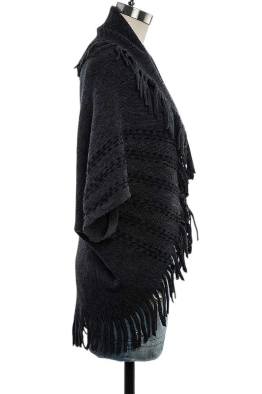Fringe Lapel Collar Open Knit Cardigan Acrylic