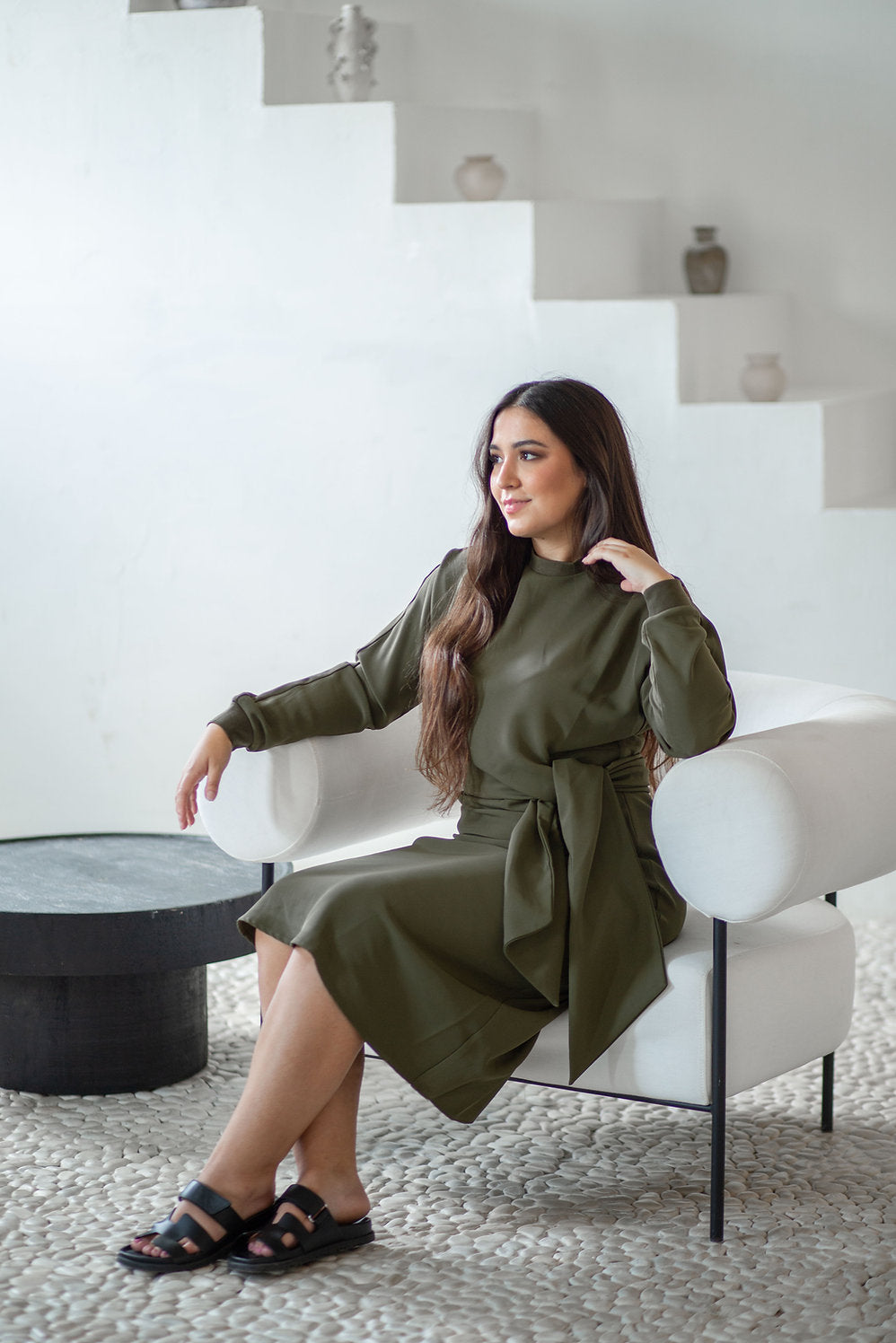 Olive Tie Waist Dress Adina