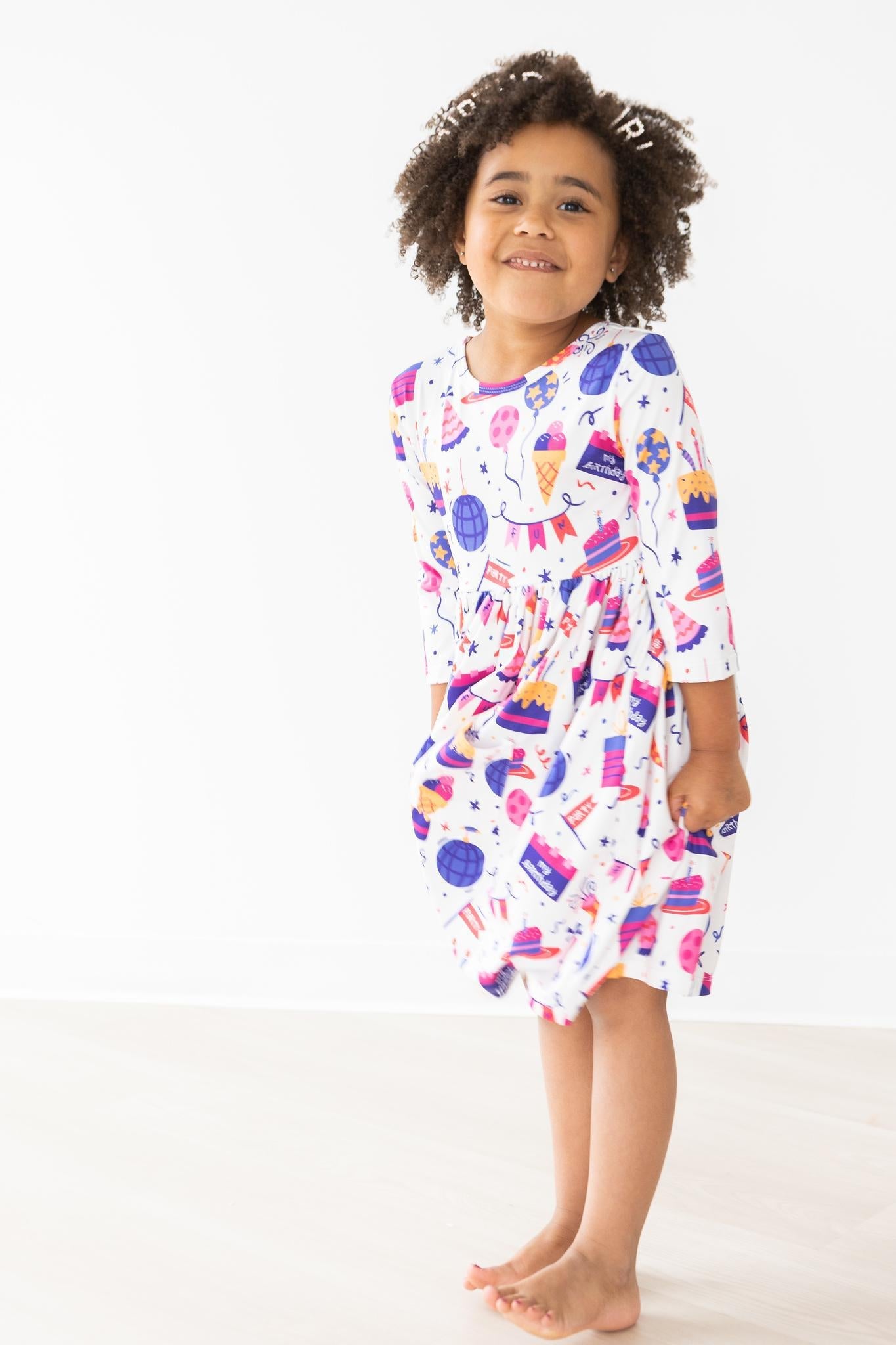 Twirl Pocket 3/4 Sleeve Dress Happy Birthday
