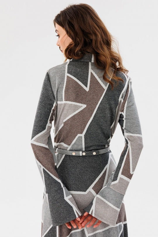 Geometric Print Knitted Dress with Buttons and Belt