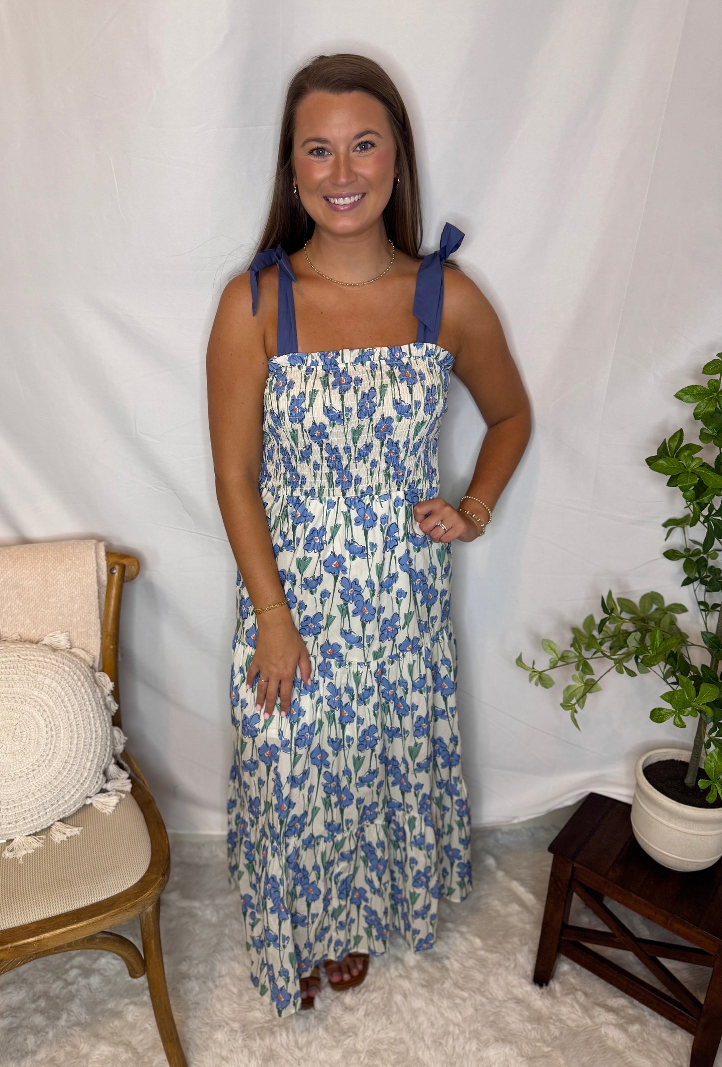 Blue Floral Smocked Maxi Dress with Adjustable Straps