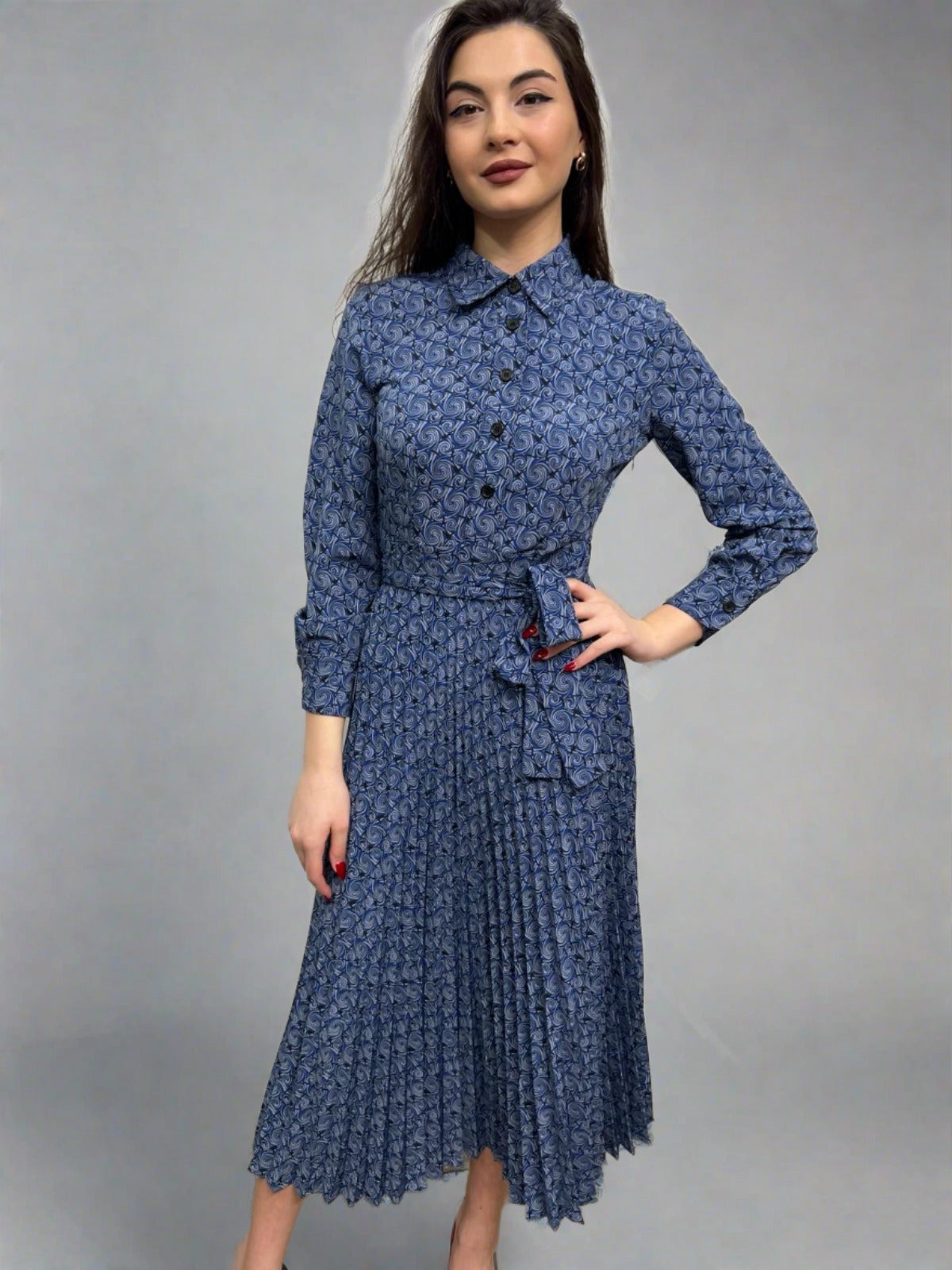 Midi A-Line Dress with Front Buttons and Side Zipper