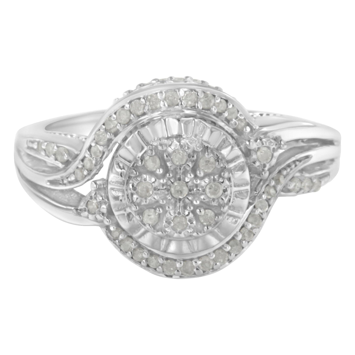 .925 Sterling Silver 1/4 Cttw Diamond Round Cluster Miracle-Plate Halo Split Shank Band Cocktail Engagement Ring (I-J Color, I3 Clarity) - Size 8