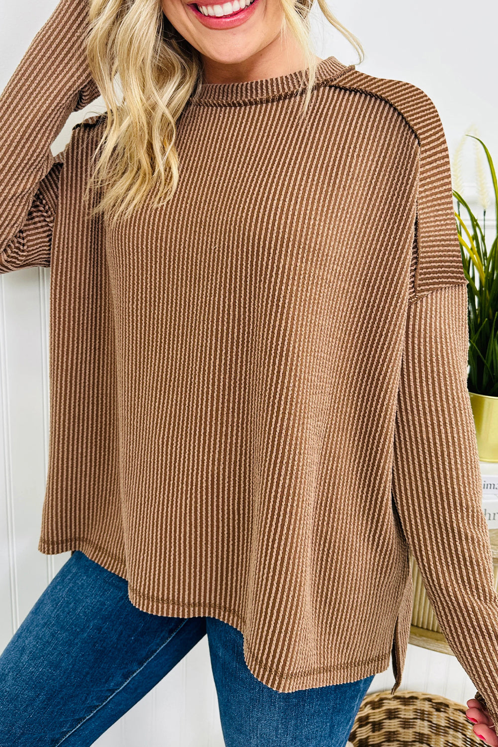 Dark Khaki Twist Ribbed Long Sleeve Loose Top