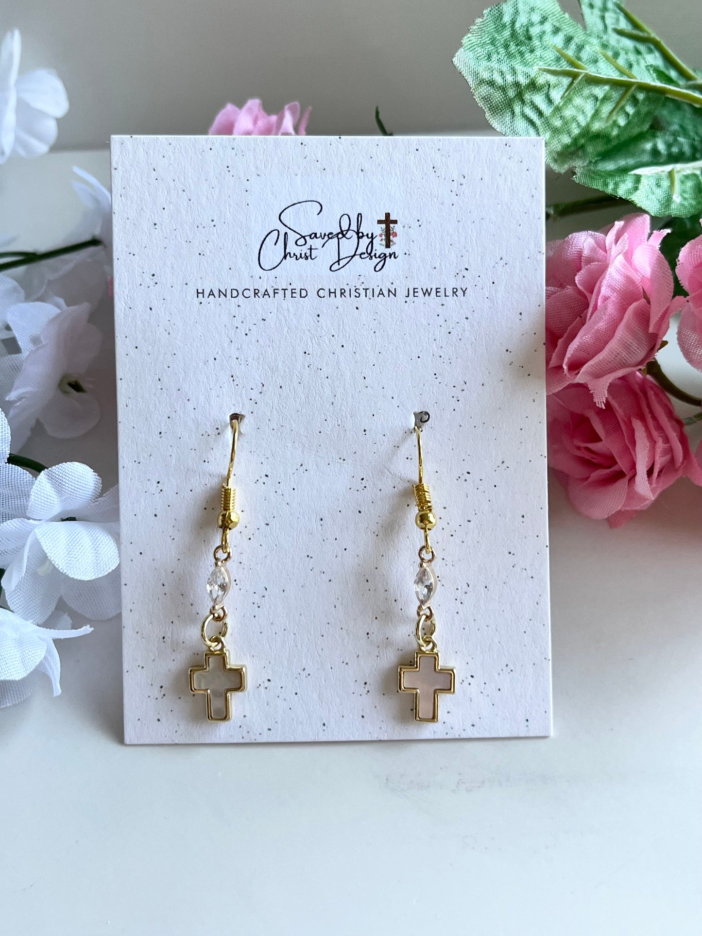 Mother of Pearl Gold Cross Earrings – Christian Faith Jewelry for Women