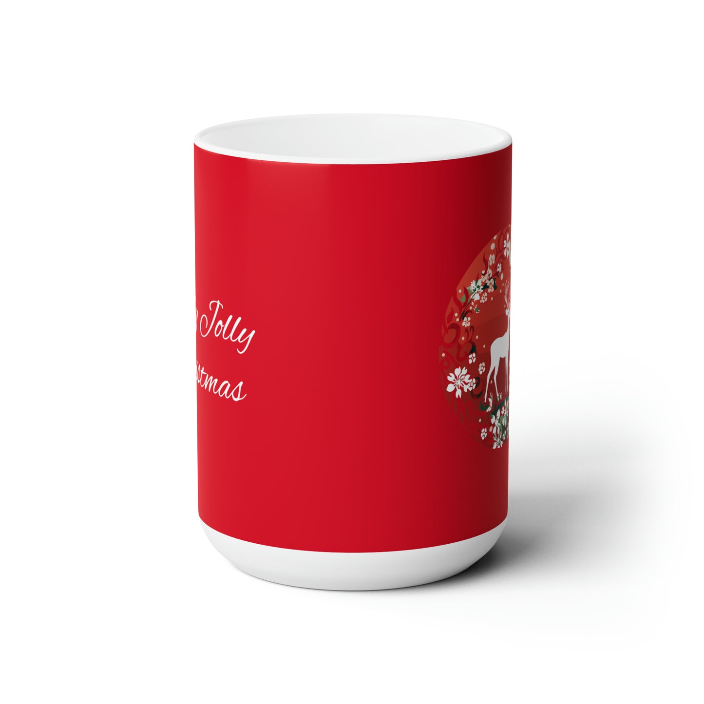 Holly Jolly reindeer in flourish mood, dark red Christmas Ceramic Mug 15oz