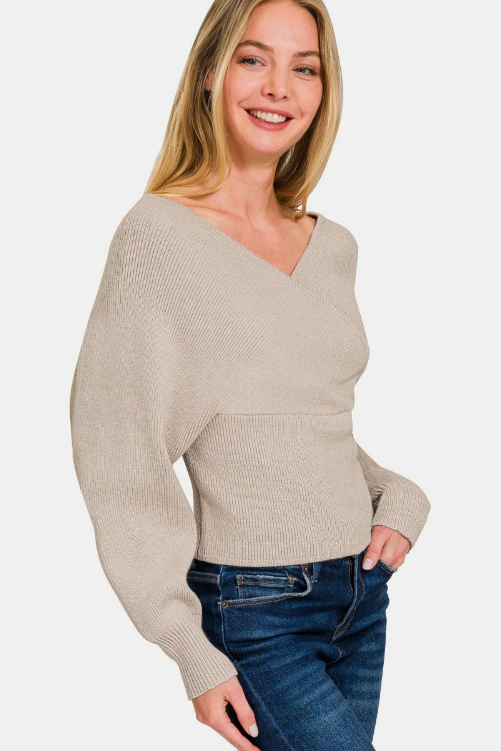 Cross Wrap Rib Long Sleeve Sweater Viscose Pullover Zenana