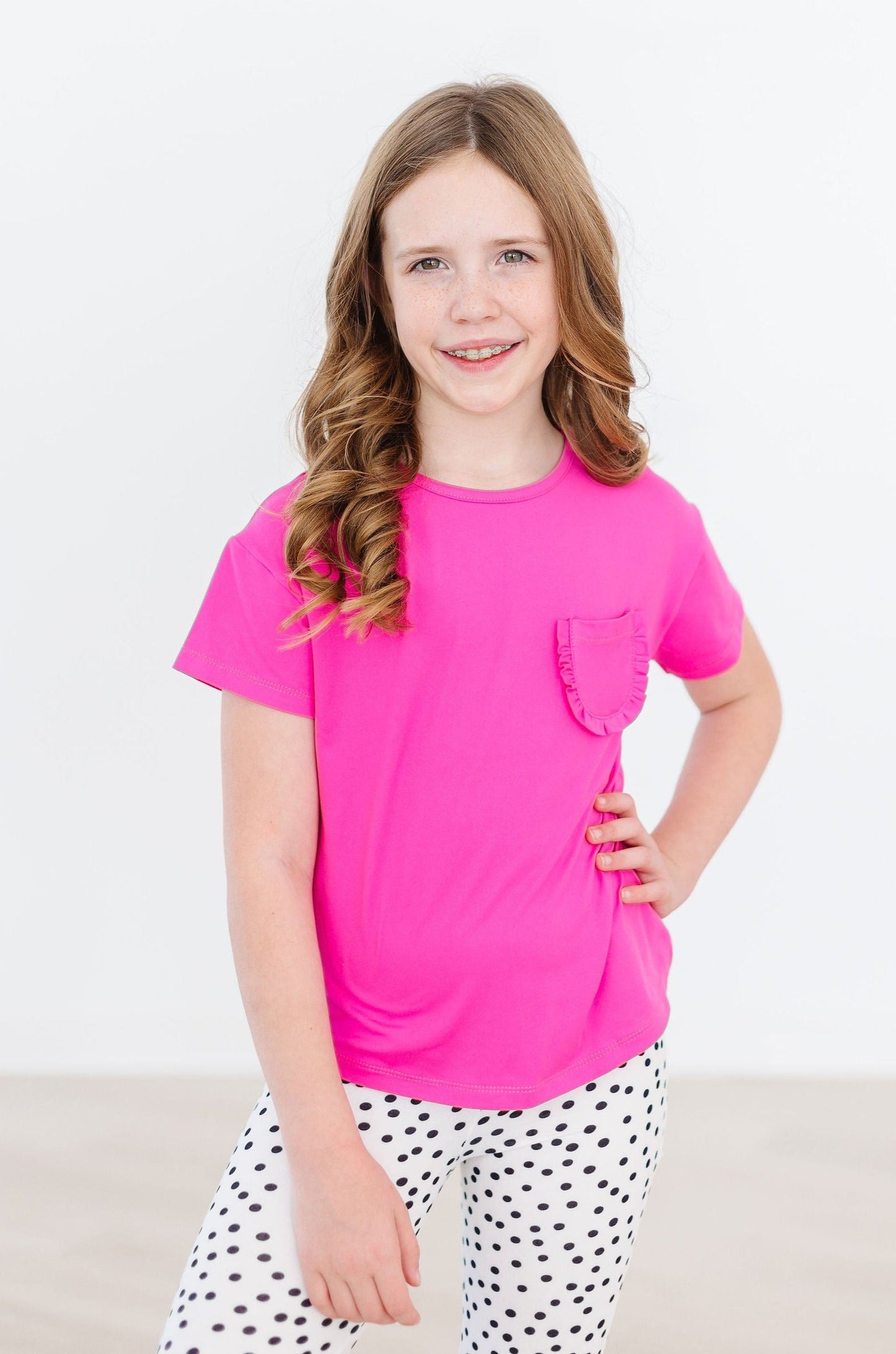 Hot Pink Ruffle Pocket Tee Boxy Fit T-Shirt Mila & Rose