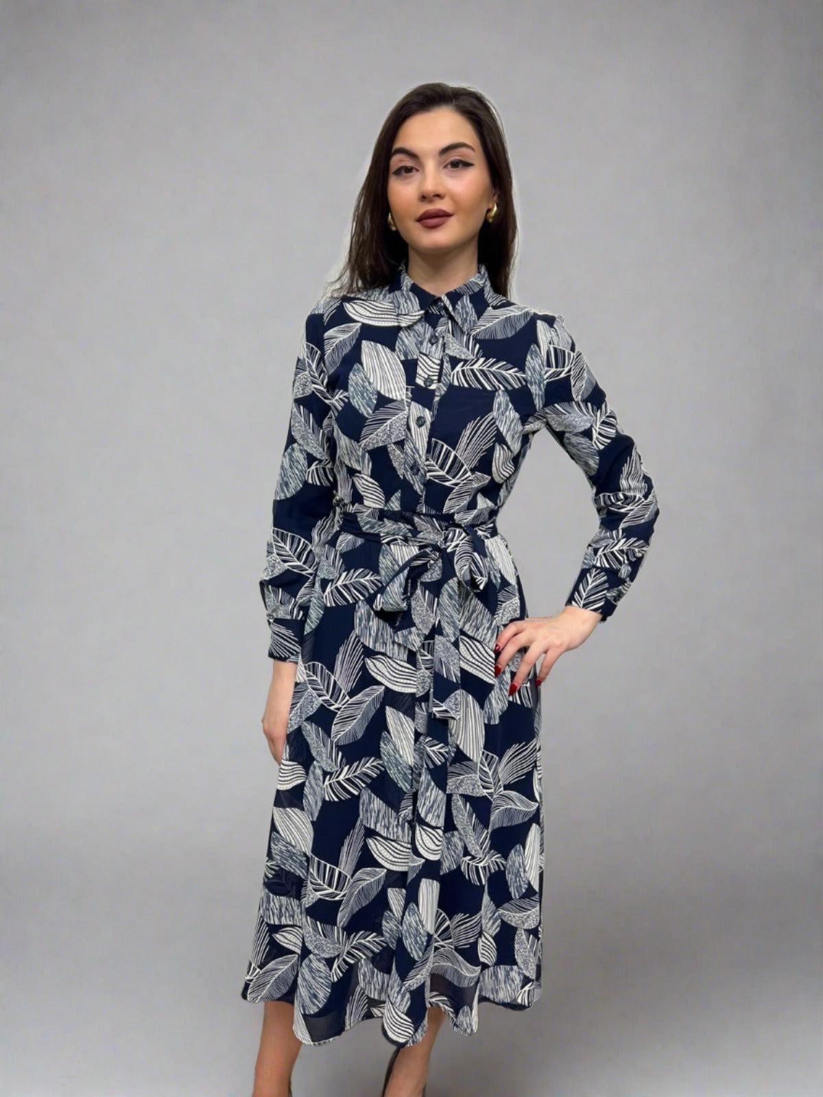 Midi A-line Dress with Front Buttons and Side Zipper